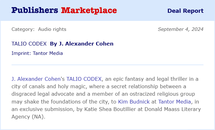 Publishers Marketplace Talio's Codex announcement.