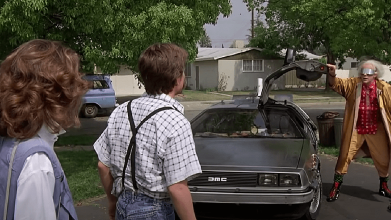 End scene in Back to the Future - Doc Brown comes back in a flying Delorean